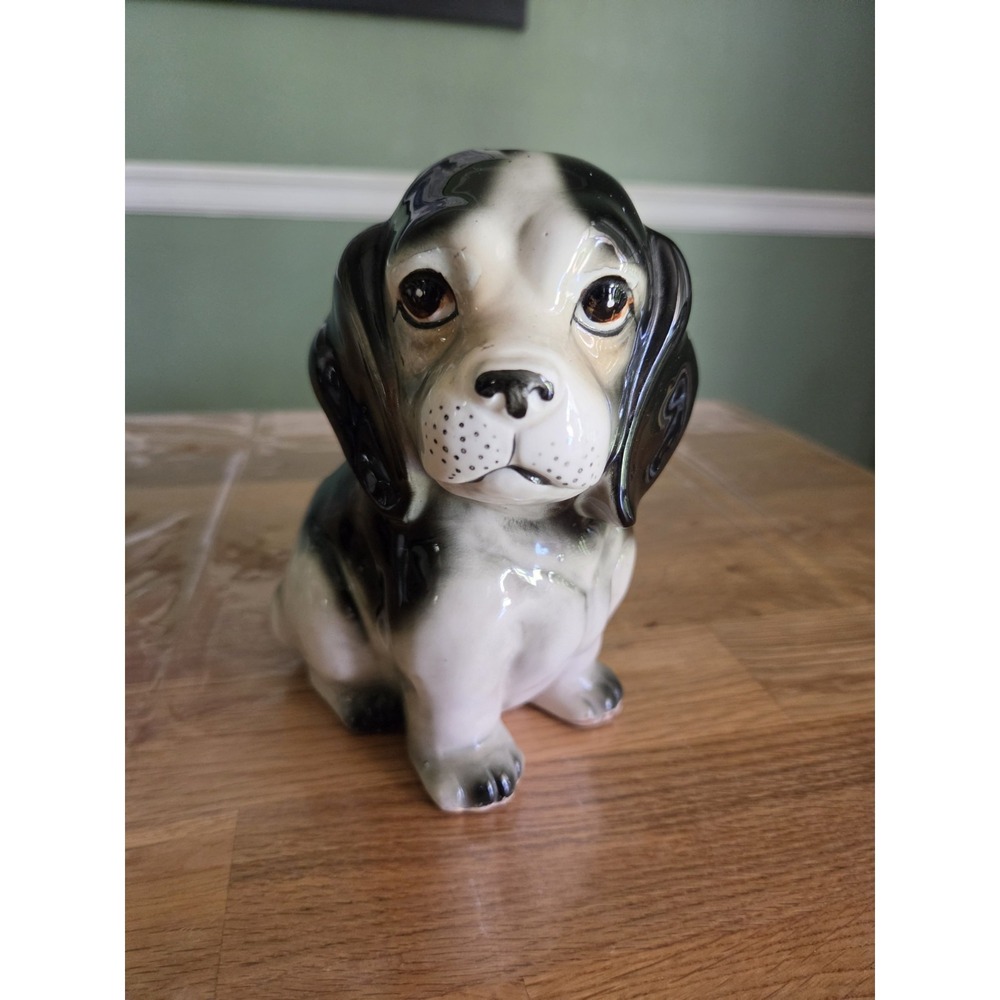 Cocker  Spaniel Beagle Dog Planter Black & Grey Matte Ceramic Japan Vintage